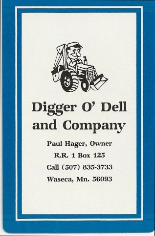 A playing card stamped with Dad's business information, 1980s. 