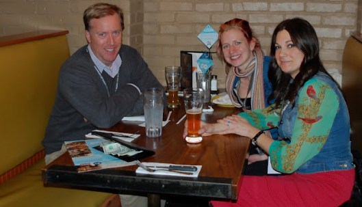 Nick Healy, me, and Nicole Helget at Uno restaurant in Boston. Photo courtesy of Nicole Helget. Photo taken by unnamed waitress.