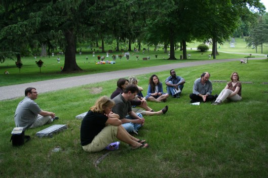 Is this what a cemetery book club might look like? The crowd at Glenwood Cemetery in Mankato for a reading was a little sparse, but we had fun!