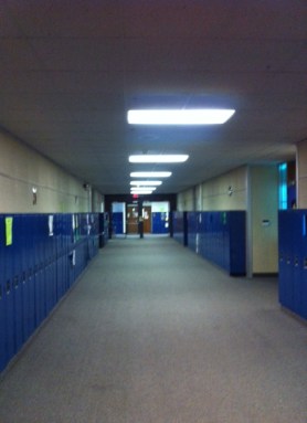 One of the hallways looking north. The doorways at the end of the hall used to lead directly outside. But a media center has been added on. It sure makes the view look a lot different than what i was used to!