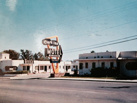 The Clark Inn Motel, 1800 E. Fremont Ave., Las Vegas. The postcard tats the carpeting, steam heating and air cooling.