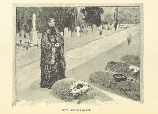 Lucy Lester’s grave. Image taken from page 246 of 'Stories from “Black and White.” By W. E. Norris, W. Clark Russell, Thomas Hardy [and others] ... With ... illustrations' 