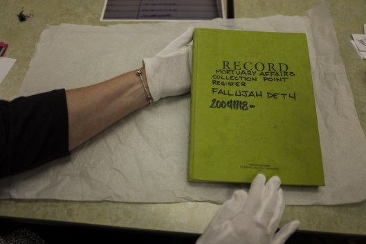 The mortuary log book from Fallujah in 2004. Photo by Nikki Kahn for the Washington Post.